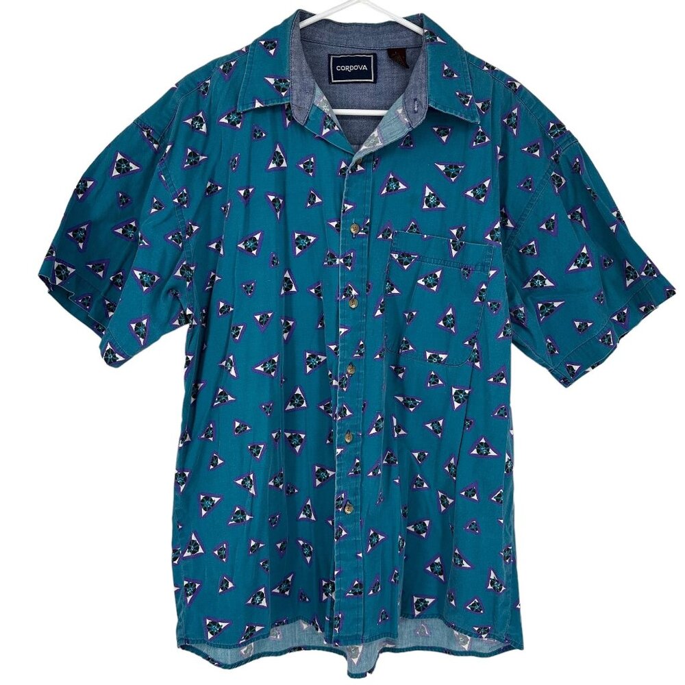 VTG Cordova 90's Button Up Shirt Teal Blue Geometric Men Large 100 Cotton